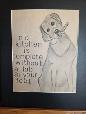 Beige & Black Labrador Kitchen Wall Art Hand Drawn And Signed 12 X 15 Framed